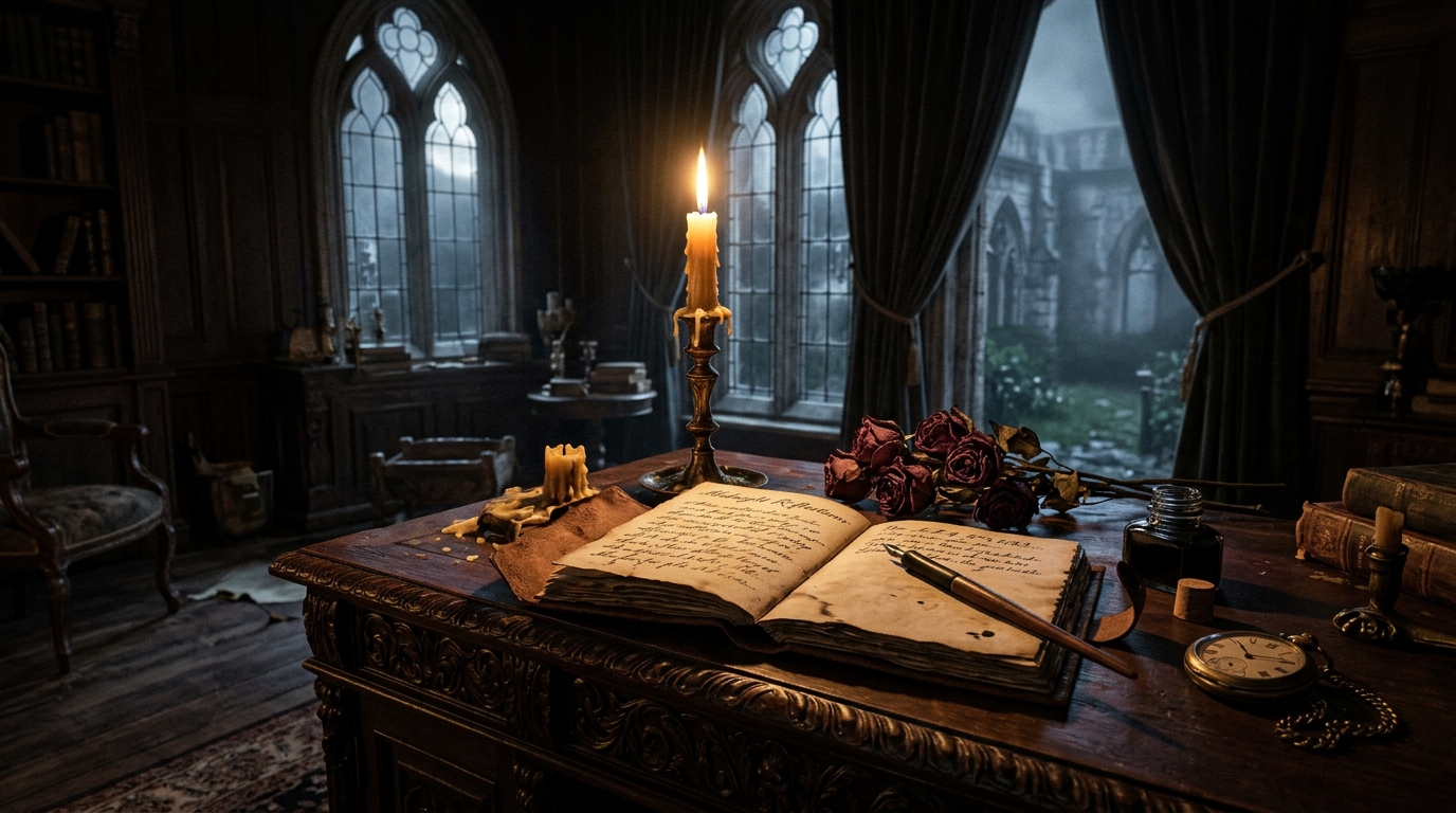 Candlelit antique mahogany desk with leather journal and crimson roses